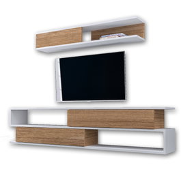 Hanah Home Mueble de TV Blanco y Teca con Estante de Pared